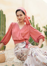 Silk Wrap Blouse with Puff Sleeves and Waist Tie